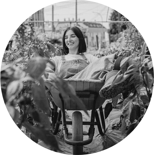Photo d'une femme souriante dans une brouette au millieu d'un jardin
